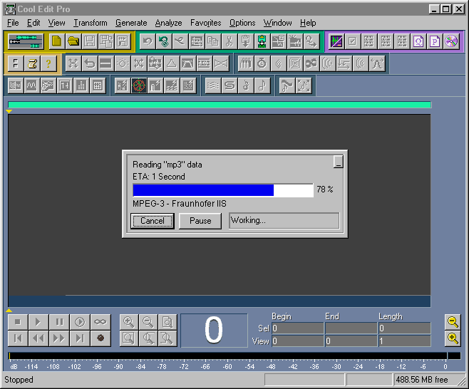 Cool Edit Pro MP3 me plug-in loading an mp3 file