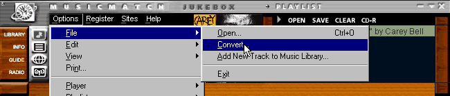 selecting file conversion in MusicMatch Jukebox