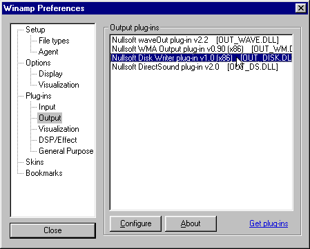 Configuring Winamp to write to disk